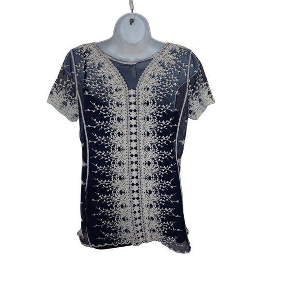 Ultra Pink Jillian Top Women S blue White Lace Boho‎ Casual Retro Embroidered - Picture 6 of 8